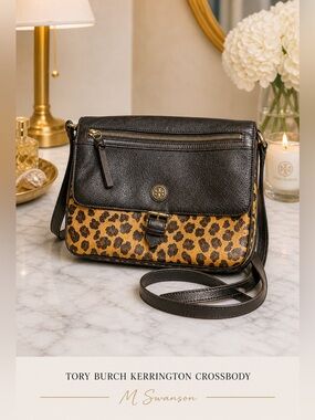 Tory Burch Kerrington Leopard Crossbody Bag Black Trim Gold Hardware in EUC